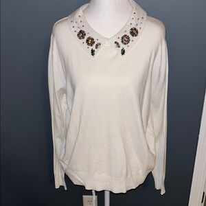 NWOT Embellished White Sweater with Floral Rhinestone Collar